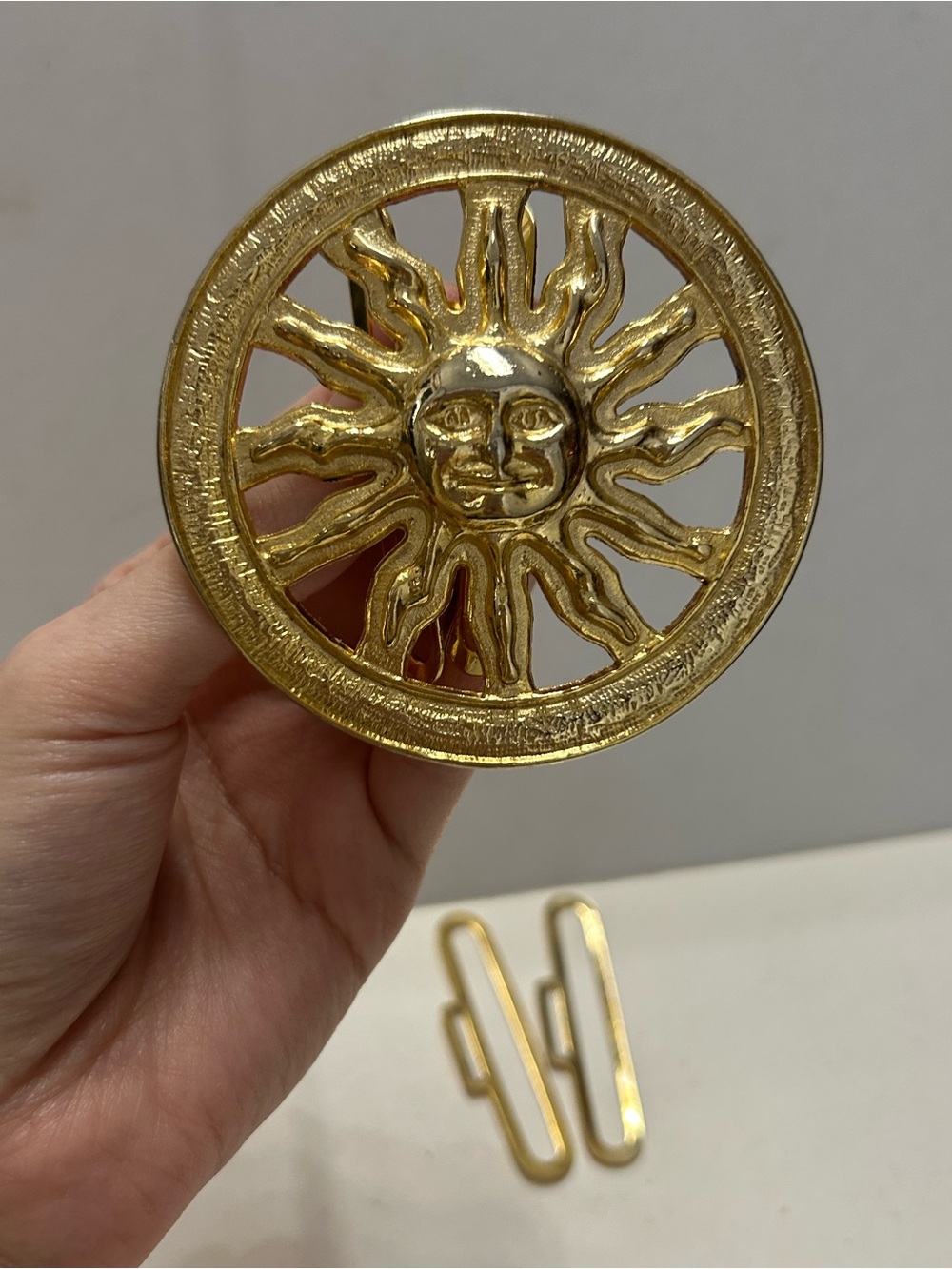 Gold Celestial Sun Face Belt Buckle Set Vintage Omega